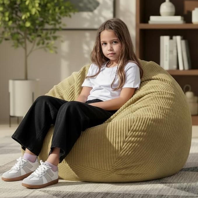 Stuffed Animal Storage Bean Bag Chair Cover (No Filler), Large Toy Storage Organizer & Comfy Kids Sofa Chair for Playroom, Teens Adults Toddler,Corduroy (Khaki, Cover Only)