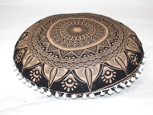 Round Mandala Floor Pillow Cover Seating Cushion Throw Cover Hippie Decorative Bohemian Ottoman Pouf Cover, Pom Pom Pillow Cases,Boho Indian 32 Inches Black Golden - color: Golden, size: 32" Round
