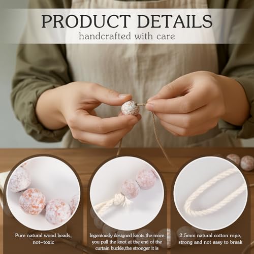 Hion 2 Pcs Boho Curtain Tiebacks,Wood Beads Curtain Holdbacks,Outdoor Farmhouse Tie Backs for Curtains,Curtain Holders for Drapes Home Office Decor with Hooks(White Washed) - color: White Washed, size: 2 Pack