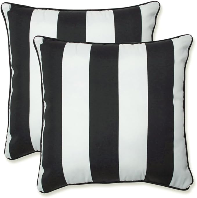Pillow Perfect Stripe Indoor/Outdoor Accent Throw Pillow, Plush Fill, Weather, and Fade Resistant, Large Throw - 18.5" x 18.5", Black/White Cabana Stripe, 2 Count