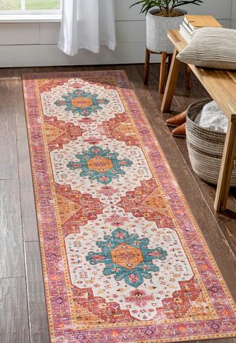 Moynesa Ultra-Thin Washable Pink Runner Rug - 2x6 Washable Long Hallway Rug Runner Kitchen Mat, Oriental Medallion Laundry Room Carpet Runner for Powder Dressing Room Cabinet Bedside Bathroom - color: Pink/Multi, size: 2' x 6'
