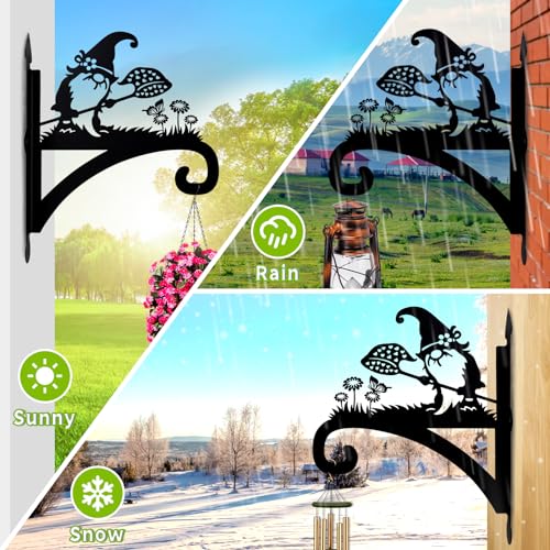 Plant Hangers Outdoor Heavy Duty Iron Decorative Gnome Silhouette Pot Hangers for Plants 11 inch Hanging Plant Bracket Wall Plant Hanger for Bird Feeder Flower Pot Lantern Wind Chimes - color: Gnome & Butterfly