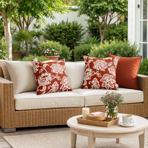 Decorative Outdoor Floral Pillow Covers Set of 2,Waterproof Boho Farmhouse Throw Pillows Summer Accent Pillowcases for Patio Furniture Garden Sofa 18x18 Inch, Brick - color: Brick