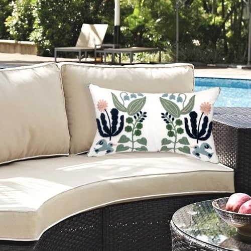 Alysheer Floral Embroidered Summer Lumbar Decorative Throw Pillow Cover 12"x 20", Farmhouse Cottage Navy Blue Green Flowers Leaves Patterned Cotton Canvas Cushion Case for Sofa Couch Bed Living Room - color: - Blue Green, size: 20" x 12" (Pack of 1)