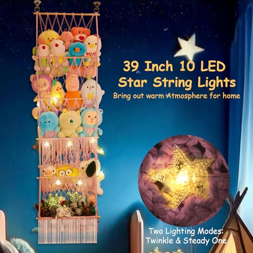 5 Tier Stuffed Animal Storage Shelf Net, 17x61 Inch Large Plushie Net w/LED Light & Clips for Mini Medium Stuffy Teddy, Pink Boho Macrame Wall Toy Holder Display for Nursery Kids Girls Boys - color: Light Pink, size: Large-5 Tier-17x61 Inch