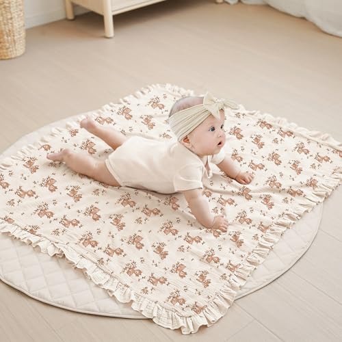 Konssy Flounce Muslin Baby Blanket for Girls Boys, 100% Cotton Soft Crib Swaddle Blankets, Reversible & Breathable Nursery Bedding for Newborns Toddlers, 43 x 39 Inches (Deer) - color: Deer, size: 43"x39"