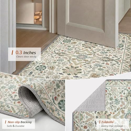 MINIDEAR 2x3 Area Rugs for Entryway Kitchen, Washable Rug Small Accent Rugs for Bedroom Non Slip Vintage Rug with Floral Print Thin Carpet Mat for Home, Daisy Green - color: 03green, size: 2' x 3' (Rectangular)