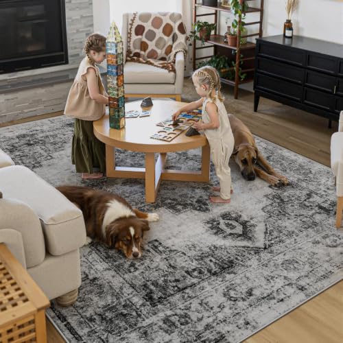 Area Rug 8x10 Vintage Rugs: Large Washable Indoor Medallion Rug Low Pile Distressed Floor Carpet Retro Accent Rugs for Living Room Bedroom Kitchen Dining Table Home Office(Black, 8'x10') - color: Black, size: 8' x 10' (Rectangular)