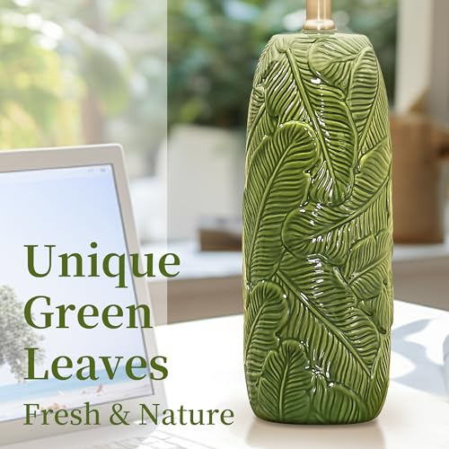 EUO 25” Green Lamps Set of 2 with Leaves Design for Living Room, Bedroom, Retro Ceramic Table Lamps for Nightstand Set of 2 - color: Green-L