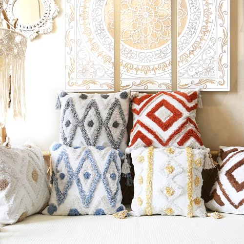 Boho Pillow Covers 18X18 Inch White Yellow Tufted Throw Pillow Covers Decor Tassels Cushion Cover Pillow for Sofa Handmade Embroidery Couch Pillow Covers Retro Boho Pillowcase Covers