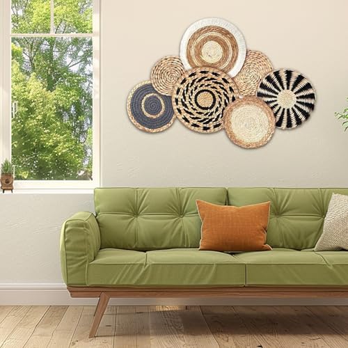 Jeorywoet Round Woven Wall Basket Decor 7Pcs, Natural Rustic Rattan Flower Boho Wall Art for Bedroom, Living Room, Bathroom