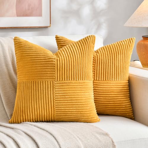 Fancy Homi 2 Packs Gold Yellow Samll Decorative Throw Pillow Covers 12x12 Inch with for Couch Bed Sofa, Farmhouse Boho Spring Home Decor, Soft Corss Patchwork Corduroy Square Cushion Case 30x30 cm - color: Gold Yellow, size: 12" x 12" (Pack of 2)