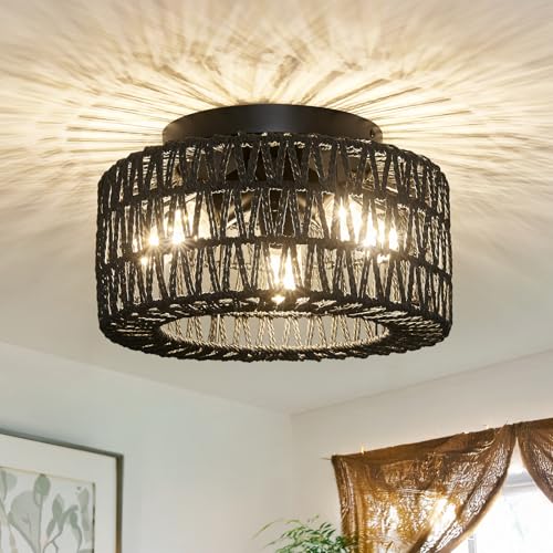 Rattan Light Fixtures Ceiling Mount, 3-Lights Boho Flush Mount Ceiling Light, Hand-Woven Cage Shade Lamp Lighting, Rustic Rattan Chandelier for Hallway Bedroom Kitchen Farmhouse Foyer Entryway (Black) - color: Black, size: Small