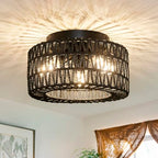 Rattan Light Fixtures Ceiling Mount, 3-Lights Boho Flush Mount Ceiling Light, Hand-Woven Cage Shade Lamp Lighting, Rustic Rattan Chandelier for Hallway Bedroom Kitchen Farmhouse Foyer Entryway (Black) - color: Black, size: Small