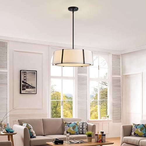 Shrine Lighting Drum Pendant Light, Modern Style, Drum Chandeliers for Dining Room, D18'' x H6'', Adjustable Chains 39'', E12*4 Sockets, White Lampshade & Black Finish - color: Black D18''