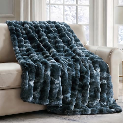 EverGrace Ultra Soft Luxury Fluffy Faux Rabbit Fur Throw Blanket, Thick Warm Bubble Throw for Bed, Cozy Plush Reversible Blankets for Couch, Chair, Sofa, Marble Deep Indigo, 50x60 Inches - color: Deep Indigo Marble, size: 50"x60"