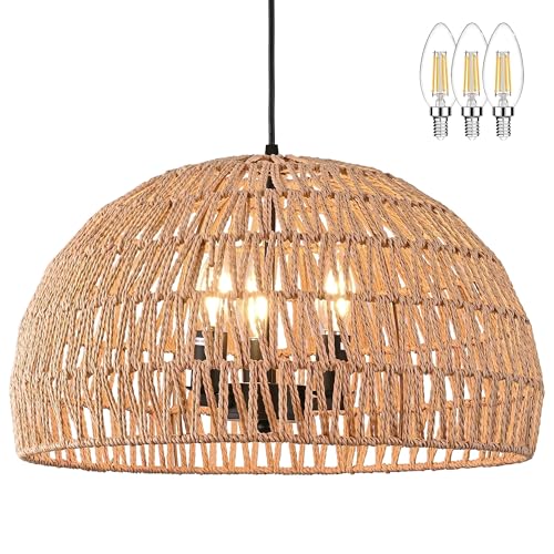 17.6 inch Hemp Rope Woven Pendant Light Wicker Pendant Light 3-light Rattan Light Fixture Boho Chandelier Farmhouse Chandelier Dome Pendants Light for Dining Room Bedroom Kitchen(Bulb Incl - color: 17.6" Natural