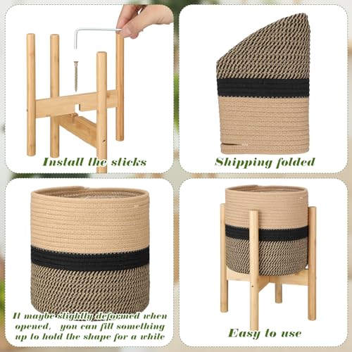 Plant Basket with Stand Indoor Planter Pot Holder Sturdy Jute Rope Modern Woven Basket, Cotton Rope Woven Pot with Bamboo Stand(10 Inch,Black and Beige Stripes) - color: Black and Beige Stripes, size: 10 Inch