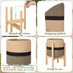Plant Basket with Stand Indoor Planter Pot Holder Sturdy Jute Rope Modern Woven Basket, Cotton Rope Woven Pot with Bamboo Stand(10 Inch,Black and Beige Stripes) - color: Black and Beige Stripes, size: 10 Inch
