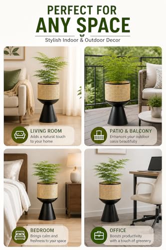 PandS Metal Planter with Stand Beige Rattan-Style Indoor & Outdoor Plant Pot, 12 Inch Decorative Planter with Drainage for Herbs, Succulents & Cactus