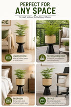 PandS Metal Planter with Stand Beige Rattan-Style Indoor & Outdoor Plant Pot, 12 Inch Decorative Planter with Drainage for Herbs, Succulents & Cactus