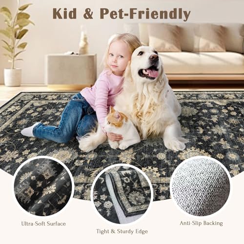 LUXRUG 2x3 Washable Entry Rug - Small Entryway Area Rug Non-Slip Door Mat Indoor Entrance Charcoal Black Vintage Floral Kitchen Rug Low Pile Boho Throw Rugs for Entryway Bedroom Bathroom - color: Charcoal Black, size: 2' x 3' (Rectangular)