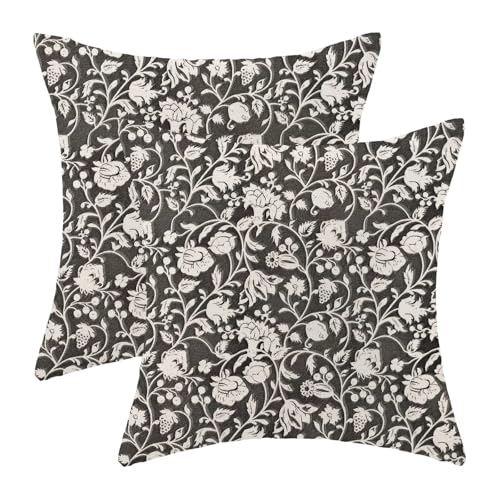 Floral Throw Pillow Covers 16x16 Set of 2, Flower Print Linen Decorative Pillow Covers Neutral Vintage Decoration Outdoor Cushion Cover Black Floral Pillowcase for Sofa Couch Farmhouse Room - color: Print Black, size: 16" x 16" (Pack of 2)
