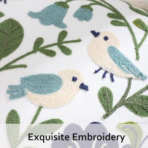 Embroidered Throw Pillow Covers 18x18 Pack of 2 Birds Pillow Covers Green Leaves with Floral Pillowcases Farmhouse Pillow Cushion Cases Square Navy Blue Flower Pillow Case Summer Home Decor - color: Green Leaves With Birds