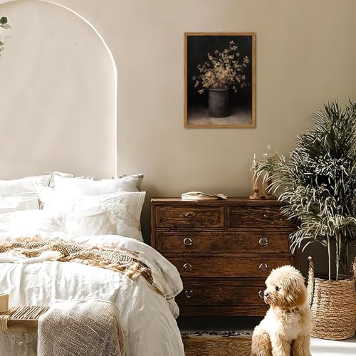 Framed Vintage Floral Wall Art, Rustic Dark Moody Flower Paintings Wall Decor, Retro Farmhouse Botanical Pictures Canvas Prints Neutral Aesthetic Home Decor for Living Room Bedroom 12x16 inch - color: Dark-2, size: 16"L x 12"W