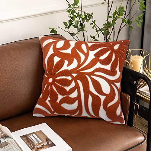 Alysheer Farmhouse Floral Leaves Embroidered Decorative Throw Pillow Cover 18x18 inches, Boho Tufted Flowers Embroidery Pattern Chic Cotton Cushion Case for Couch Bed Sofa Living Room(Burnt Orange) - color: Burnt Orange Floral, size: 18" x 18" (Pack of 1)