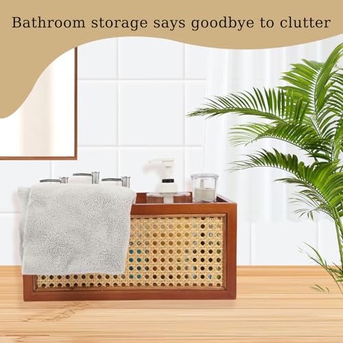 Wooden Storage Basket with Rattan Cane Webbing, Brown, Handles, Book, Office, Desktop Basket - size: Large
