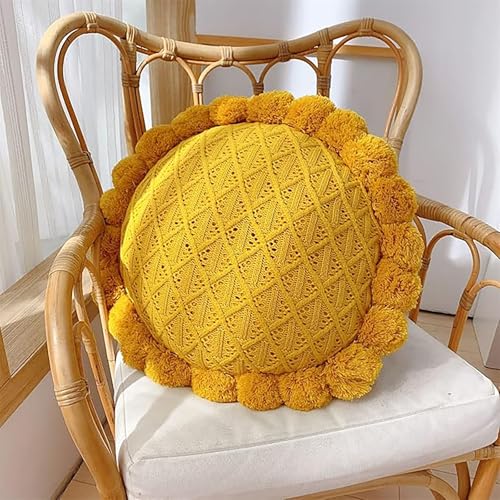 Byitre Bohemian Round Pillow 20 Inch | 100% Cotton Decorative Pillow Hand Tufted with Chunky Textured Poms | Boho Throw Pillow for Bed or Couch | Natural Yellow Throw Pillow - color: Lattice Yellow