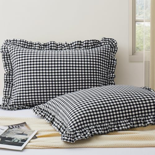 KKJIAF 2 Pcs Plaid Ruffle Pillow Case Standard Size, Ruffled Gingham Cotton Pillowcases 20x26 Inch, Linen Feel Plaid Bed Pillow Shams with Envelope Closure for Sofa Bed (Black Plaid) - color: Black Plaid, size: 26" x 20" (Pack of 2)