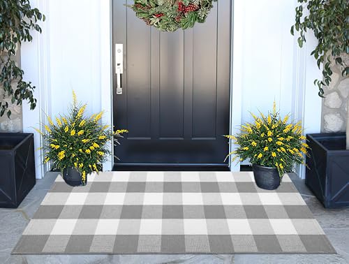 Grey and White Buffalo Plaid Rug 24''x 51''Checkered Outdoor Porch Rug Cotton Woven Machine Washable Farmhouse Mat for Indoor,Outdoor, Kitchen, Farmhouse, Entryway,Bathroom - color: Grey Buffalo, size: 24''x 51''