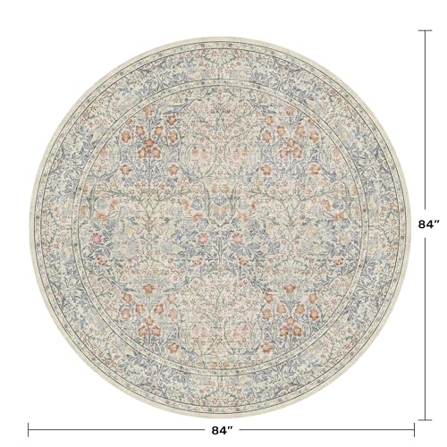 Hazo Haus Classic 7ft Round Beige Blue Rugs for Living Room - Washable Non Slip Floral Area Rugs for Bedroom, Dining Under Table, Kids Room, Home Office, Vintage Indoor Décor - color: Beige Blue, size: 7' (Round)