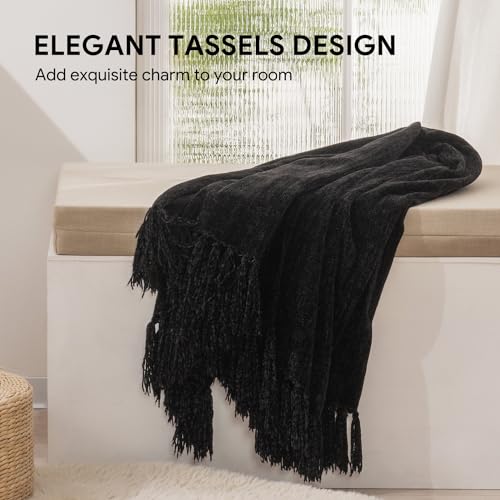 RECYCO Throw Blanket Soft Cozy Chenille Throw Blanket with Fringe Tassel for Couch Sofa Chair Bed Living Room Gift (Black, 50" x 60") - color: Black, size: 50'' X 60''