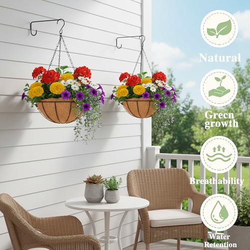EIMQUVW Outdoor Metal Hanging Planters Basket (4pack, 16 inch) Hanging Baskets for Plants Chain Round Wire Plant Holder with Coco Fiber Liners for Garden, Patio, Deck, Porch - size: 16 Inch