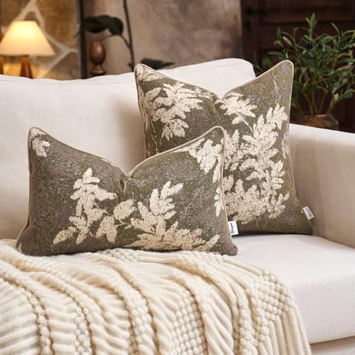 Yangest Neutral Leaf Pillow Cover 12 x 20 Inches, Vintage Chenille Rectangle Throw Pillow Cover Soft Leaves Nature Accent Couch Pillow Cover for Living Room Bedroom, Beige - color: Beige, size: 20" x 12" (Pack of 1)