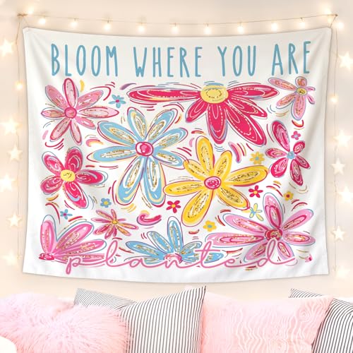 Lacama Cute Inspirational Tapestry, Pink Flower Tapestry Decorative for Teen Girls Room Bedroom College Dorm Apartment, College Dorm Decor, Bloom Where you are Blanket for Friend 50x60 Inches - color: bloom where you are