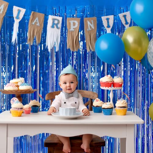 Blue Streamers Party Decorations 3.3x8.2ft, 2 Pack Dark Blue Tinsel Backdrop for Ocean Themed Party Decor, Glitter Blue Foil Fringe Curtains for Door Decorations Hanging Birthday Baby Shower Halloween - color: Blue