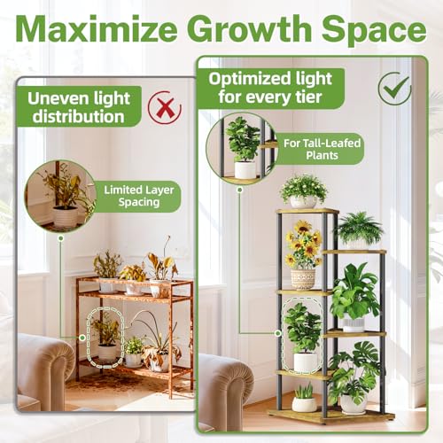 iDavosic.ly Tall Plant Stand Indoor for Large & Heavy Duty Planters, 5 Tier Corner Flower Shelf with Wooden Trays & Metal Frame, 41 Inch Orchid Rack for Living Room Balcony Porch, Black & Brown - size: 5 Tier without Light