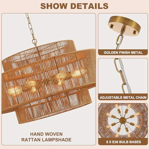 30” Large Hand-Woven Rattan Chandelier Vintage 8-Light Farmhouse Boho Bamboo Chandelier Light Fixture Retro 3-Tier Drum Wicker Rattan Golden Chandeliers for Dining Room, Kitchen, Living Room - color: Gold 30"