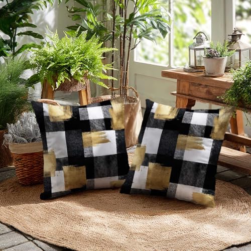 Black and Gold Abstract Throw Pillow Covers 18x18 Inch, Set of 2 | Modern Plaid Square Cushion Cases for Couch & Living Room | Contemporary Home Decor, Decorative Pillowcases - color: Black and Gold