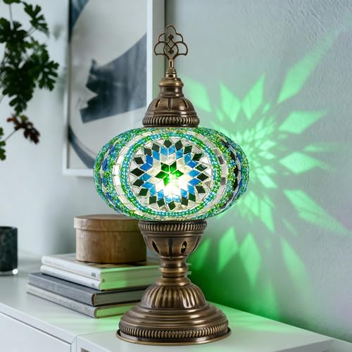 Turkish Mosaic Table Lamp with Bulb – Light Green Handmade Stained Glass Bedside Light, Authentic Turkish Boho Vintage Home Decor with E12 Socket - color: Light Green