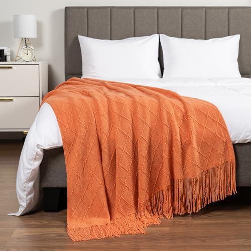 PAVILIA Coral Orange Knit Throw Blanket for Couch, Twin Bed, Soft Knitted Farmhouse Sofa Throw for Living Room, Lightweight Decorative Fall Blanket for Chair, Outdoor Textured Boho Blanket, 60x80 - color: Coral Orange, size: 60 X 80 Inches - Twin
