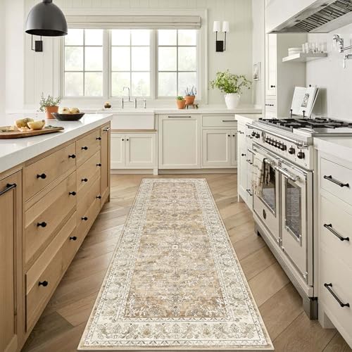 U'Artlines 2' x 6' Boho Hallway Runner Rug Vintage Farmhouse Non Slip Soft Washable Accent Runner Carpet for Kitchen, Entryway, Laundry, Living Room(Cream Tan) - color: Cream Tan, size: 2' x 6' (Runner)