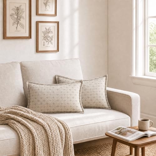 AVOIN colorlife Pack of 2 Decorative Throw Pillow Covers 20x12 Inch, Flange Edges Woven Textured Cushion Case Home Decor for Couch Sofa Bed Living Room Beige - color: Beige, size: 20" x 12" (Pack of 2)