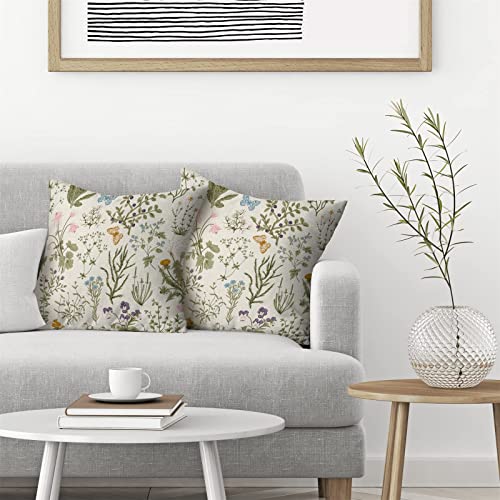 AEIOAE Spring Pillow Covers 16x16 Inch Set of 2,Sage Green Wild Flower Plant Throw Pillows Case,Seasonal Floral Outdoor Decorative Square Linen Farmhouse Decor Cushion Covers for Home Sofa Bed Couch - color: Wild Floral 01, size: 16" x 16" (Pack of 2)