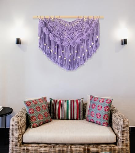 Youngeast Large Macrame Wall Hanging Boho Beaded Curtain for Window Macrame Bedroom Headboard Living Room Wall Art Tassel Tapestry Bohemian Woven Wall Decor 31" W X 25" H (Purple) - color: Purple