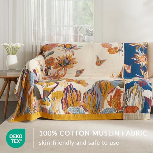 Bailix Boho Throw Blanket for Couch Sofa Bed, 100% Cotton Woven Quilt with Tassel 60”x80”, Super Soft Muslin Blanket with Floral Printed, Decorative Reversible Bed Blanket/Cover for All Seasons - color: F - Boho Floral, size: Twin-60" X 80"